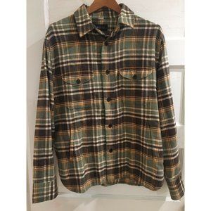 Barneys Coop Men's Large Plaid Flannel Shirt Jacket Shacket Green Orange Brown
